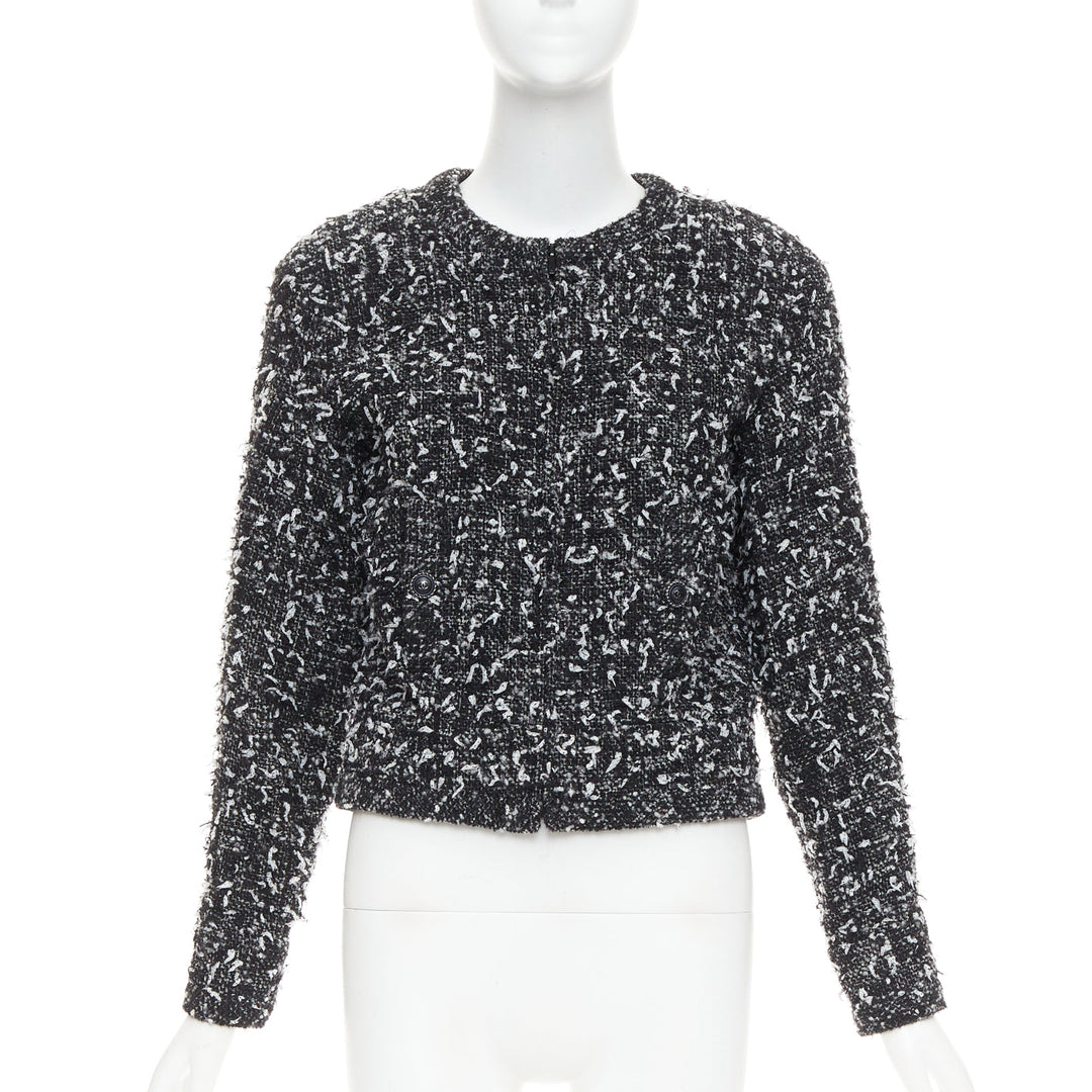 CHANEL 2019 speckle black white tweed collarless CC buttons jacket FR34 XS