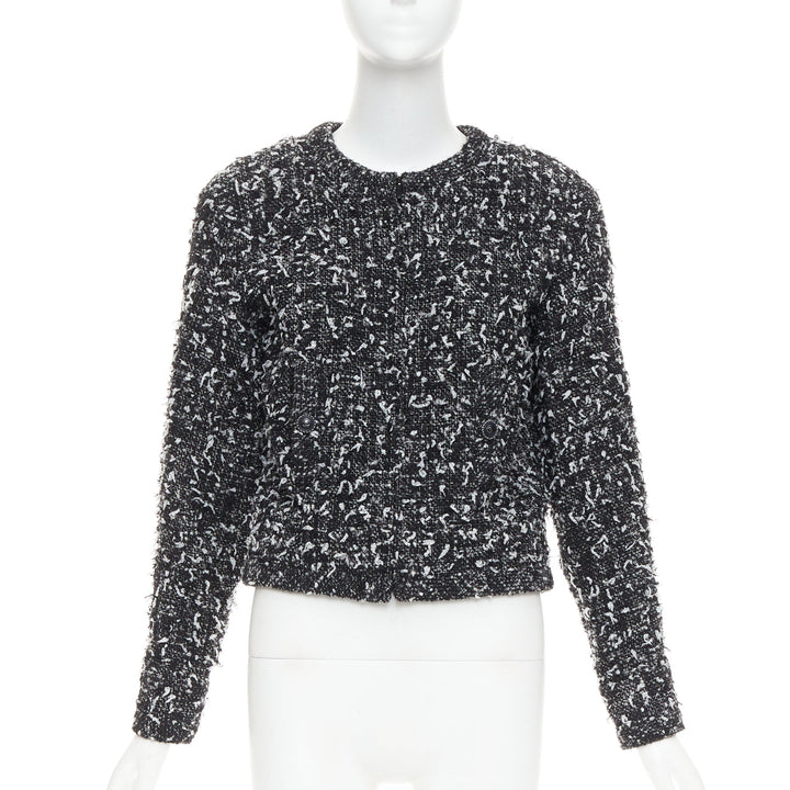 CHANEL 2019 speckle black white tweed collarless CC buttons jacket FR34 XS