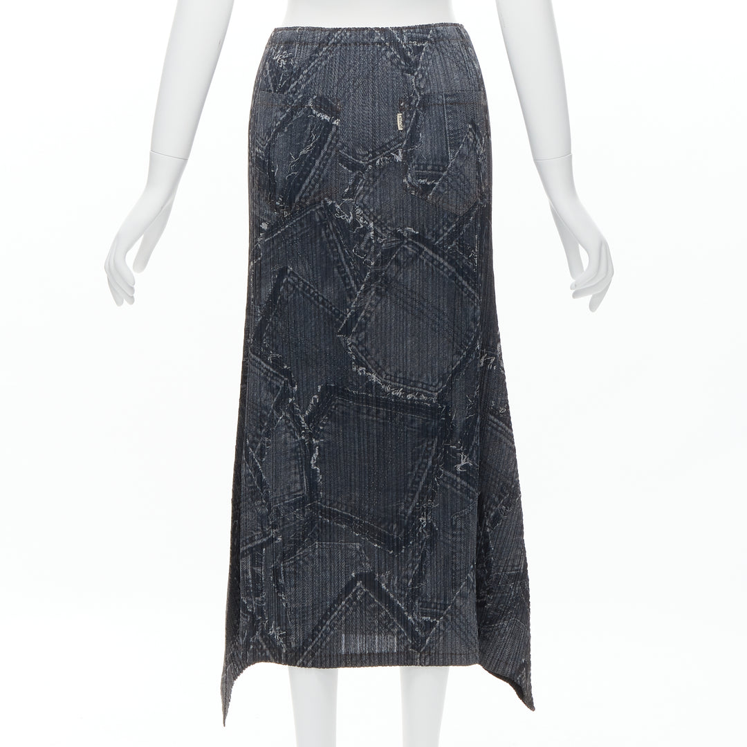 ISSEY MIYAKE PLEATS PLEASE dark blue denim patchwork print pleated skirt JP2 M