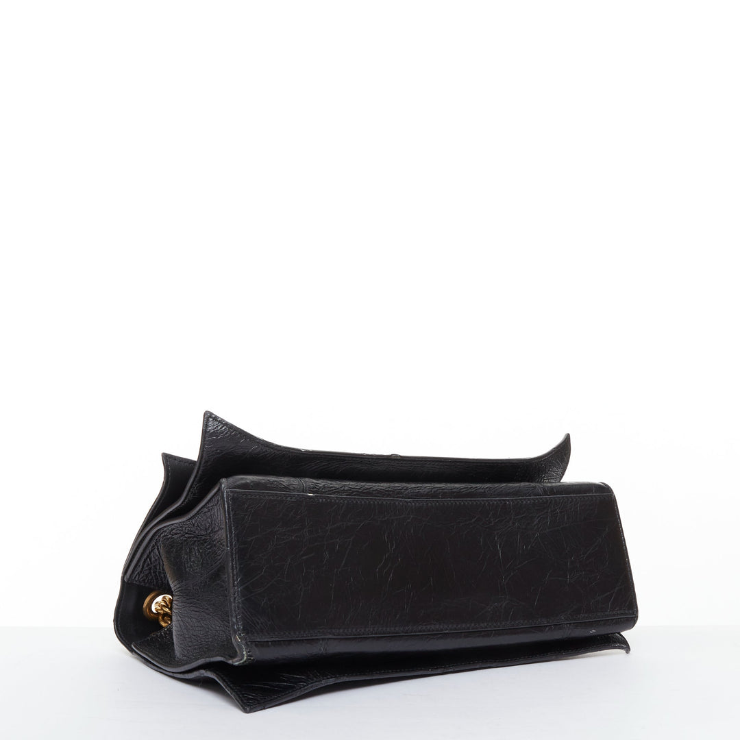 BALENCIAGA Crush Medum  black textured leather gold B chain flap shoulder bag