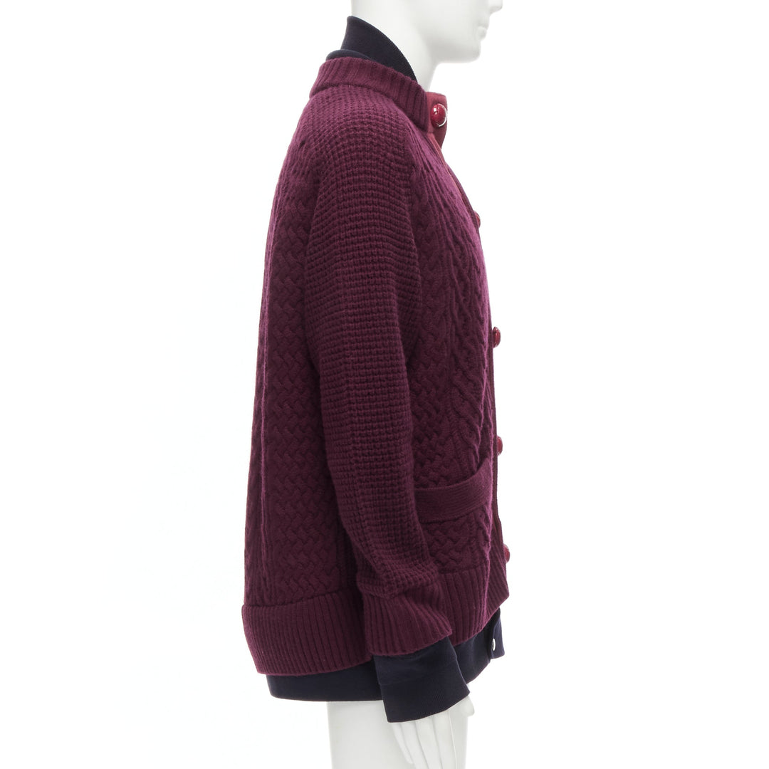 SACAI 2016 burgundy 100% wool cable knit layered hem cardigan JP3 L