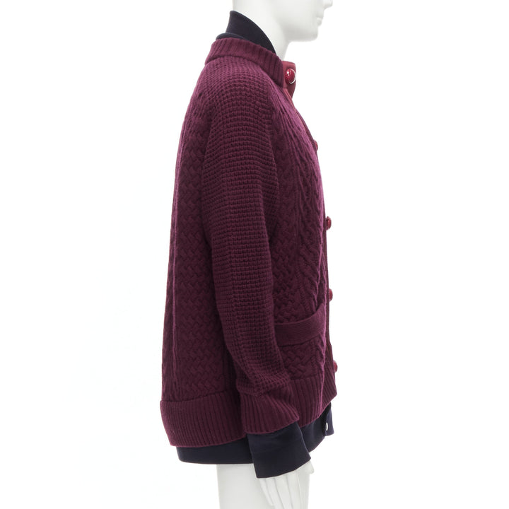 SACAI 2016 burgundy 100% wool cable knit layered hem cardigan JP3 L