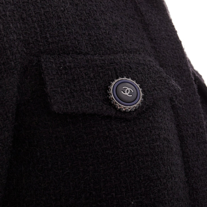 CHANEL 19A black wool tweed CC logo buttons high collar crop jacket FR34 XS