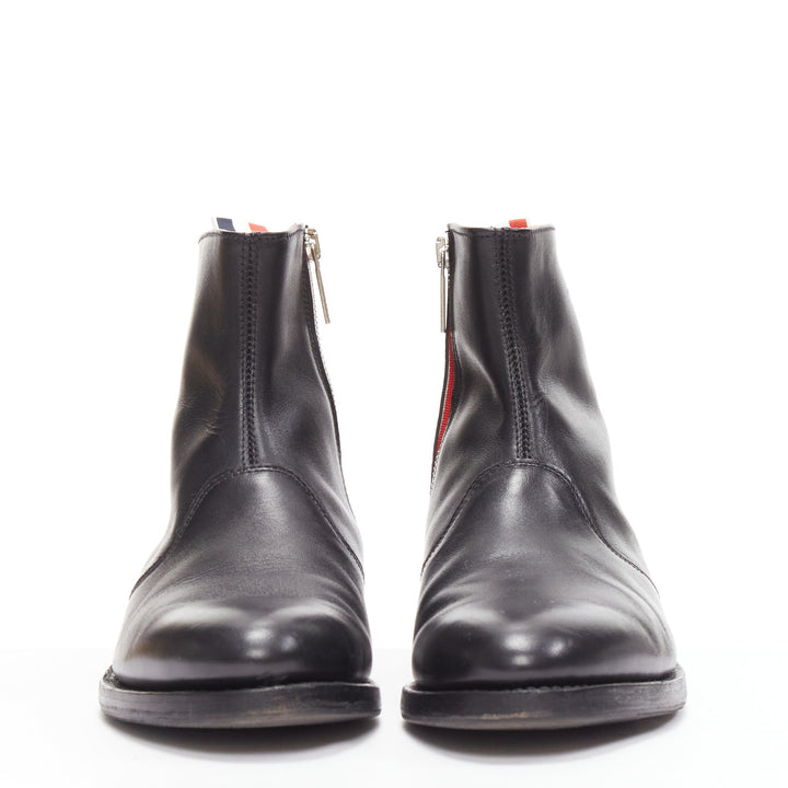 THOM BROWNE black leather red blue tab minimal zip ankle boots EU38