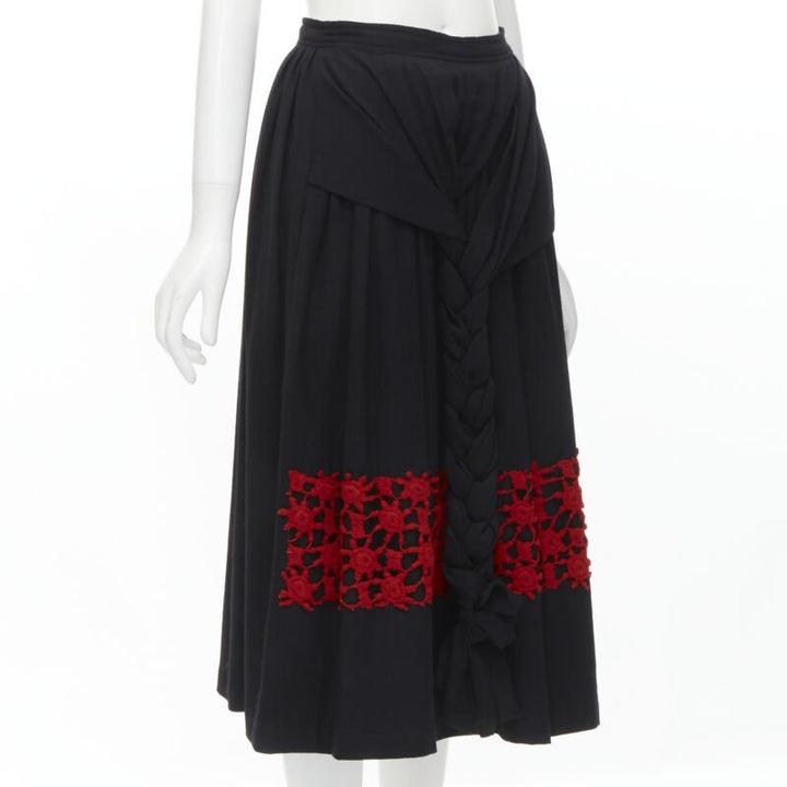 Runway COMME DES GARCONS Vintage 1988 black wool braid red embroidery skirt M