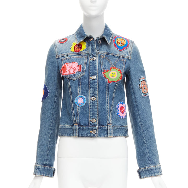 LOUIS VUITTON Yayoi Kusama 2023 Faces leather patch blue denim jacket FR34 XS