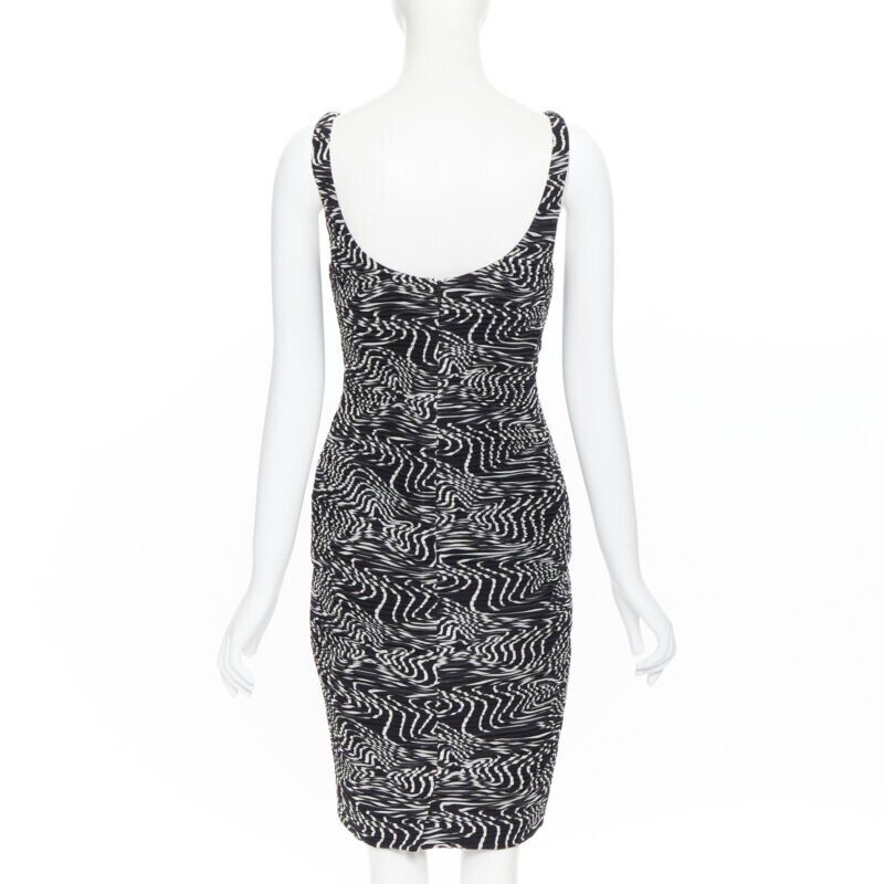 VERSACE 100% silk black white swirl print ruche pleated cocktail dress IT38 S