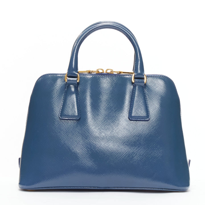 PRADA Promenade Vernice Saffiano blue leather triangle logo top handle tote bag