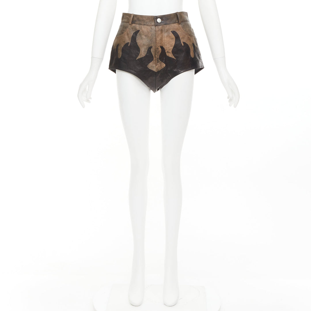 ALESSANDRA RICH brown black sheepskin leather patchwork flame shorts IT40 S