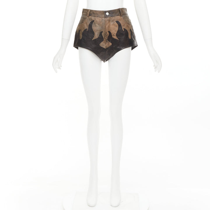 ALESSANDRA RICH brown black sheepskin leather patchwork flame shorts IT40 S