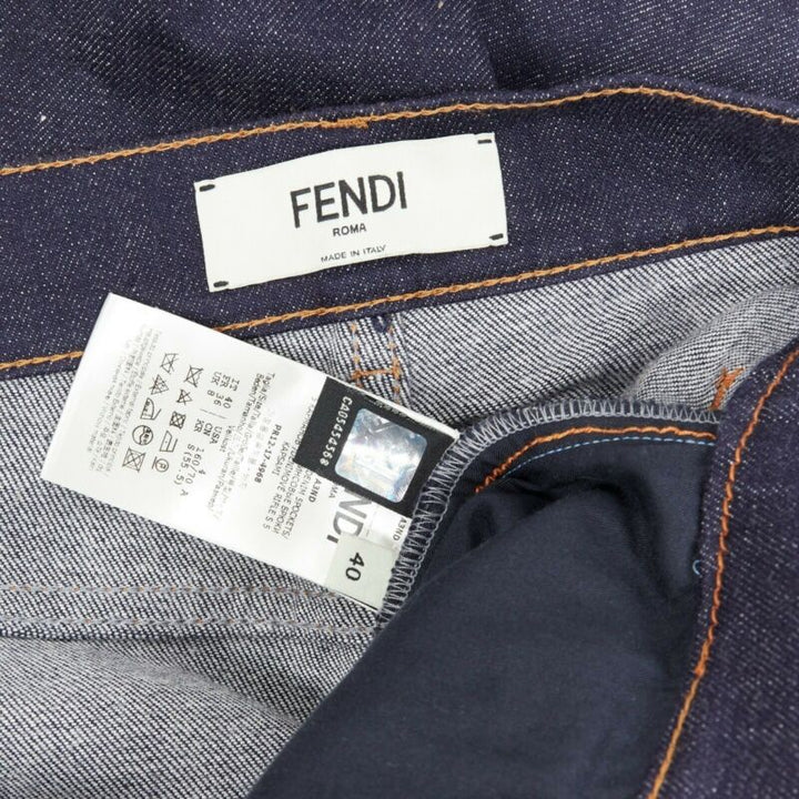 FENDI PF18 indigo blue crisp denim straight jeans 3/4 heart embroidery IT40 S