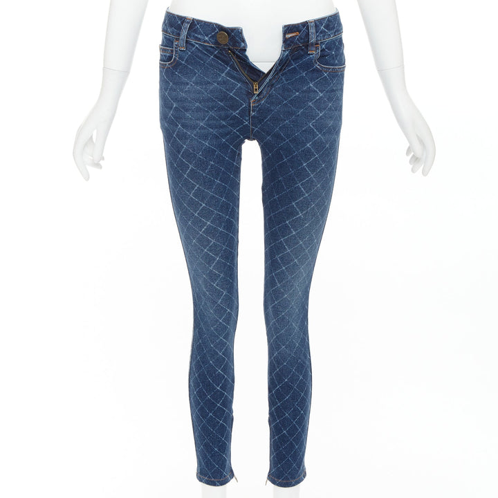 CHANEL 2017 dark blue washed denim diamond grid CC button skinny jeans FR34 XS