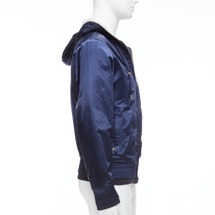 D&G navy nylon grey cotton lined gold varsity logo hooded zip up  IT46 S