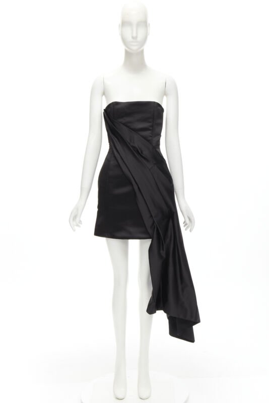 HALPERN black satin asymmetric draped bustier bodice mini dress FR36 XS