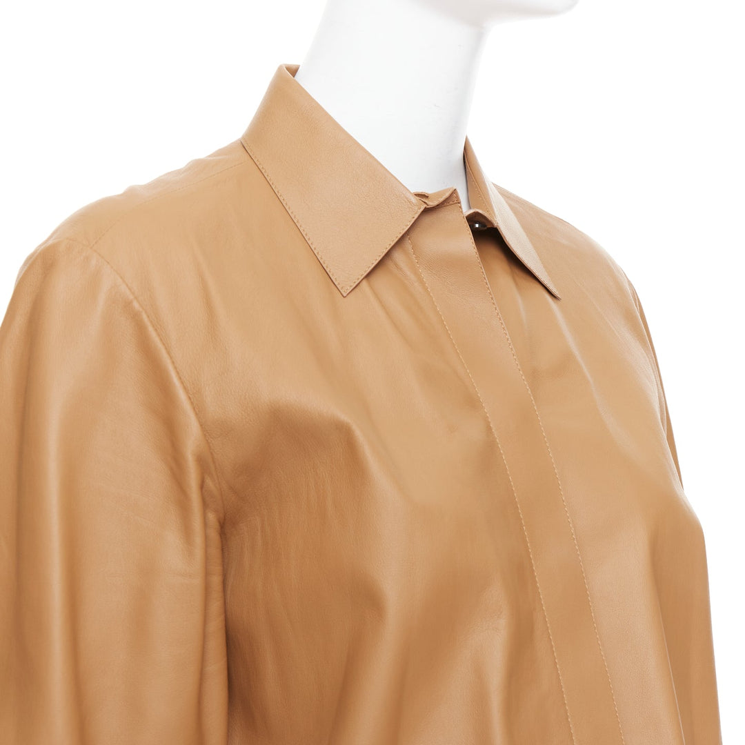 THEORY L Nappa Shine brown lambskin leather panelled shirt XS