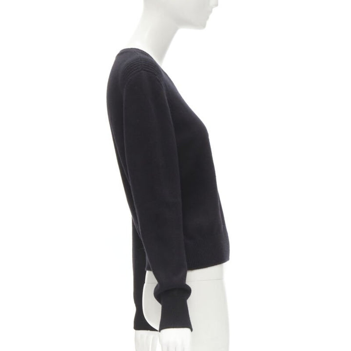 CHANEL black cashmere blend gold bead pearl CC embellished badge sweater FR42  L