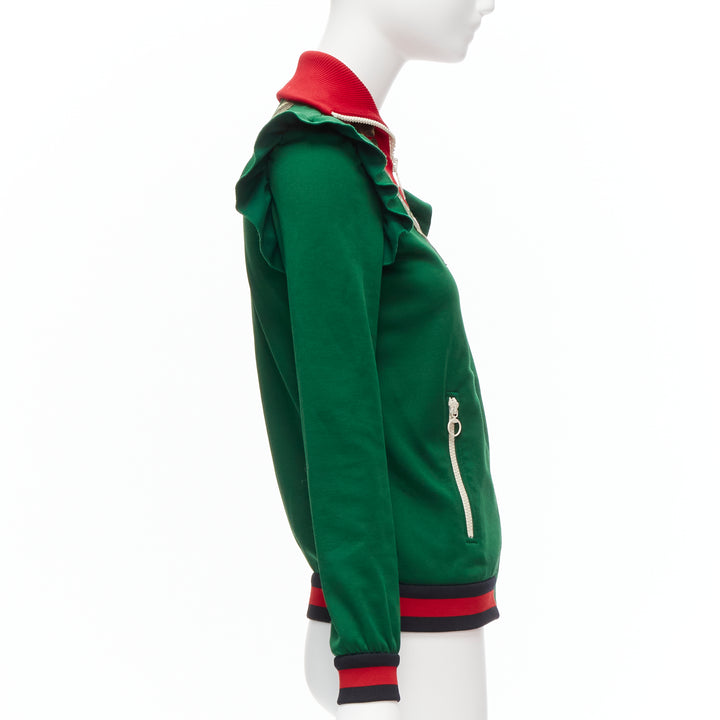 GUCCI Alessandro Michele green pink floral applique ruffled track jacket XS
