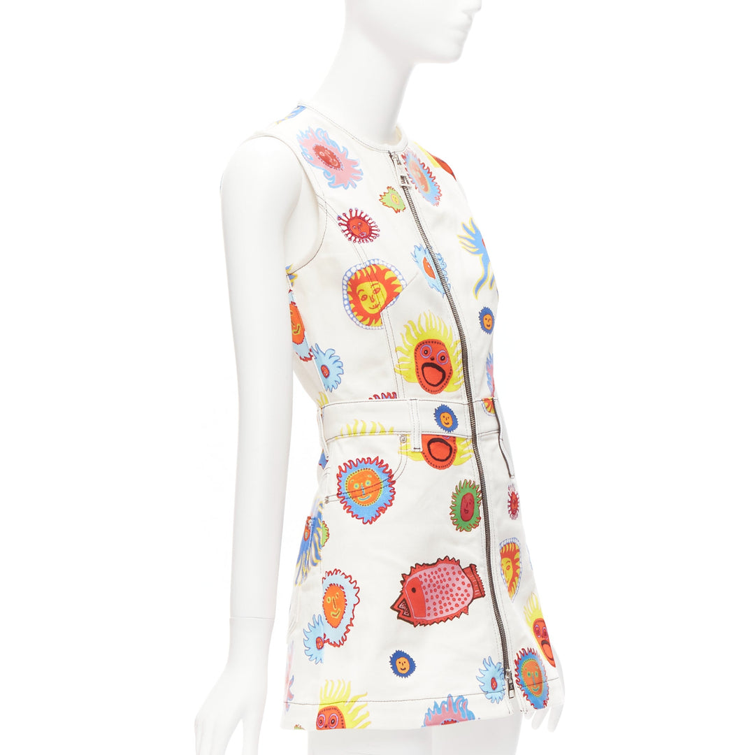 LOUIS VUITTON 2023 Yayoi Kusama Sun Faces white denim monogram zip dress FR34 XS