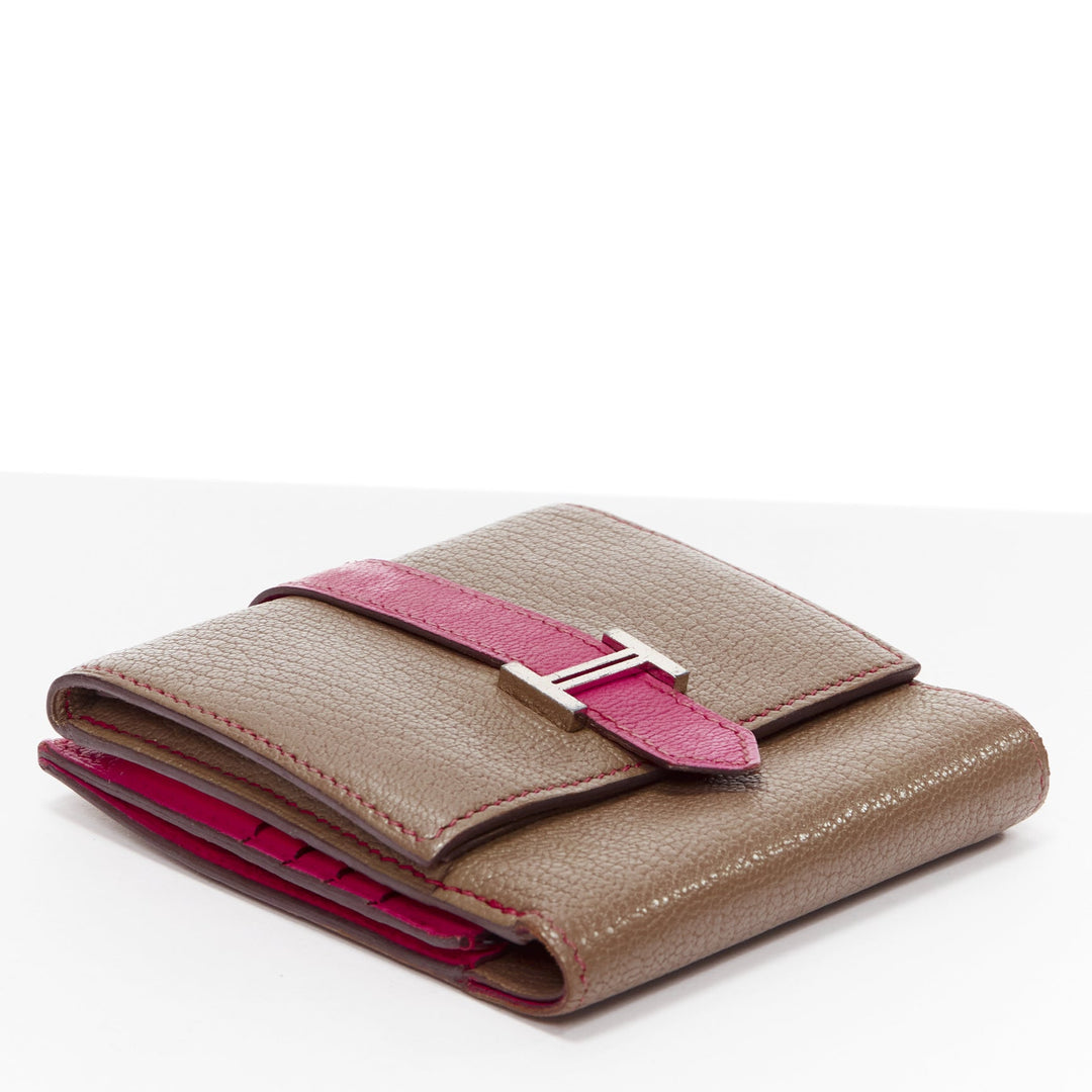 HERMES Bearn brown pink leather H logo strap bifold square wallet