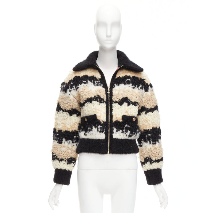 CHANEL 20N Coco Neige CC pearl zip cream wool cashmere cropped bomber FR34 XS