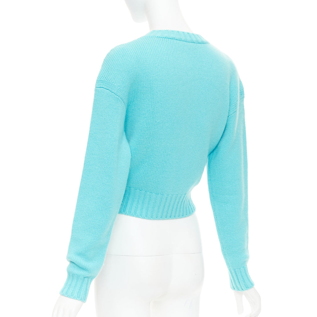 CHANEL 2020 100% cashmere cyan blue CC cursive logo cropped sweater  FR36 S