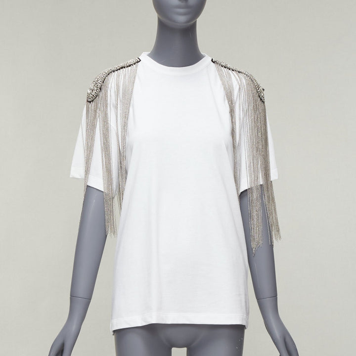 CHRISTOPHER KANE white military silver chain embellished shoulder tshirt XS