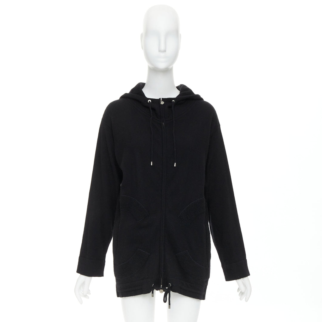 CHANEL 2015 Karl Lagerfeld 100% cashmere black double CC pockets hoodie FR34 XS