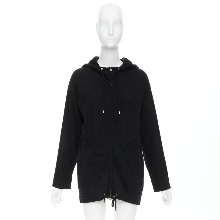CHANEL 2015 Karl Lagerfeld 100% cashmere black double CC pockets hoodie FR34 XS
