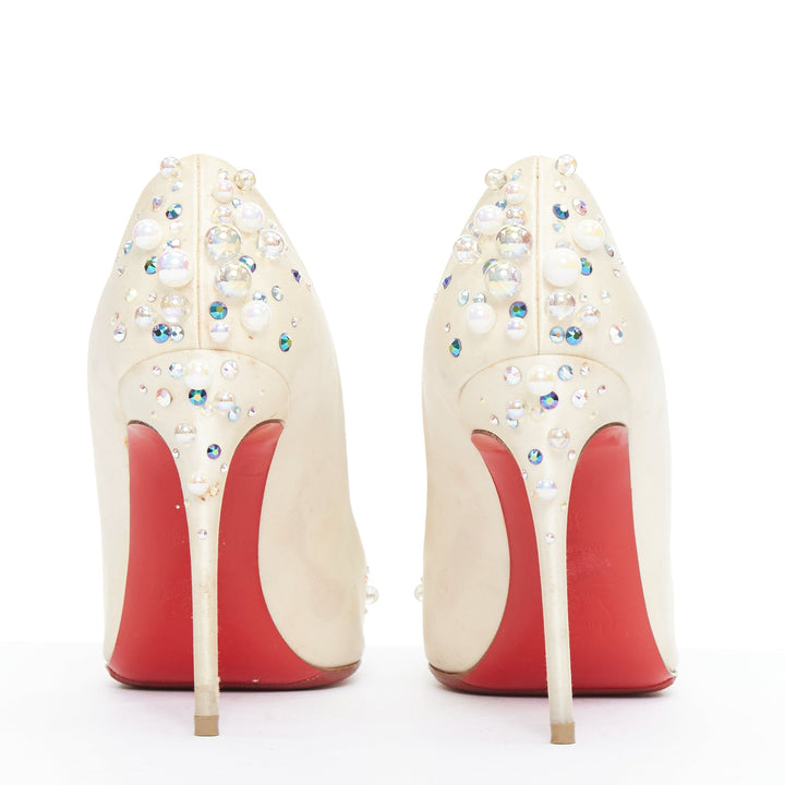 CHRISTIAN LOUBOUTIN off white satin pearl embellished bridal pumps EU35.5