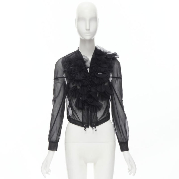 Runway COMME DES GARCONS Vintage 1990 black sheer pleated ruffle bomber jacket S