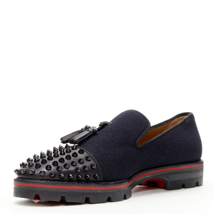 CHRISTIAN LOUBOUTIN Rossini Flat navy tweed spike toe  tassel lug sole EU42