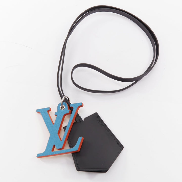 LOUIS VUITTON optic blue yellow logo black leather luggage tag