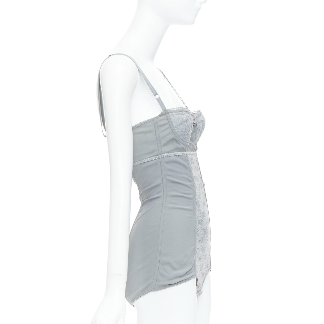 DOLCE GABBANA Vintage grey bow lace fitted boned bustier bodysuit top IT38 XS