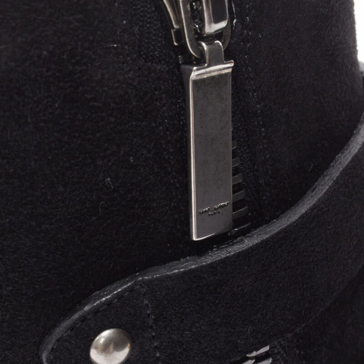 SAINT LAURENT Charlotte 55 black suede silver western buckle bootie EU37