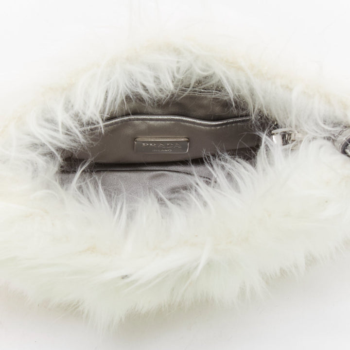 PRADA white faux fur silver triangle logo wristlet clutch bag
