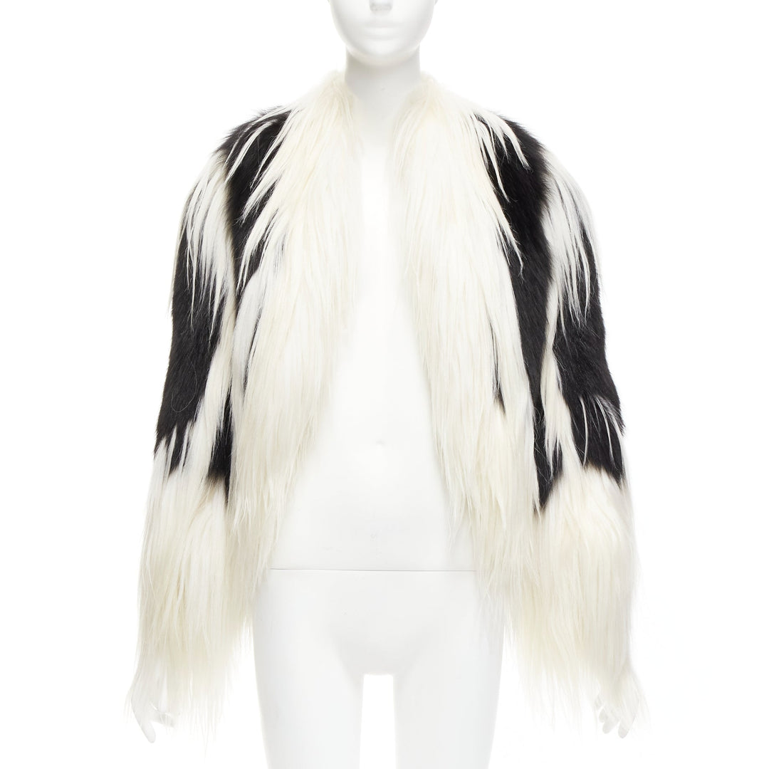 REVILLON black white rare goat rex rabbit fur patchwork long sleeve coat FR36 S