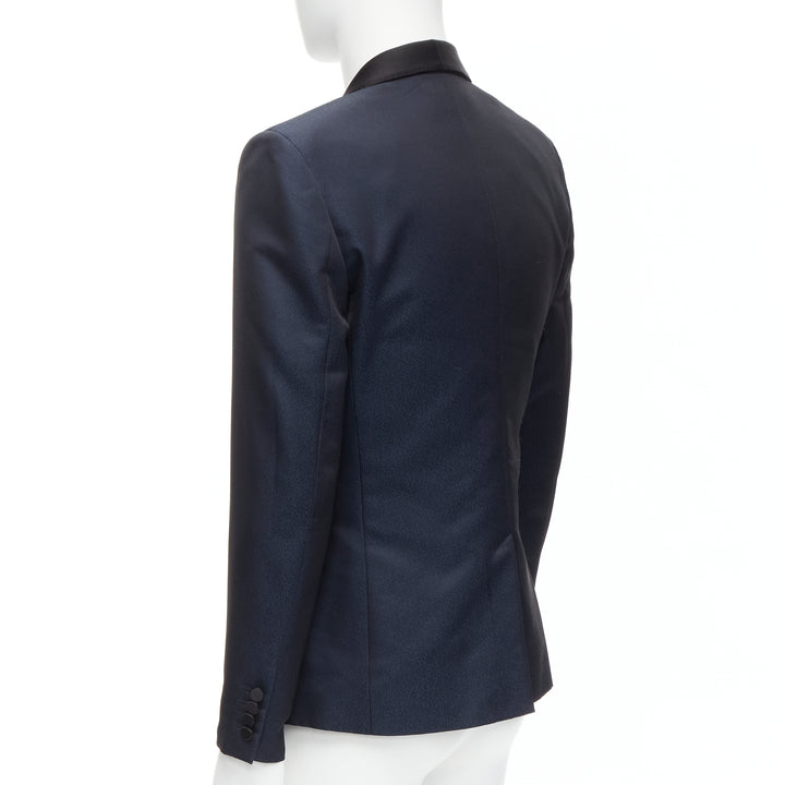 SAINT LAURENT navy metallic textured satin shawl tuxedo blazer EU50 L