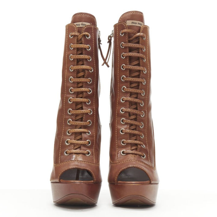 MIU MIU brown leather peep toe platform laced up high heel bootie EU37.5
