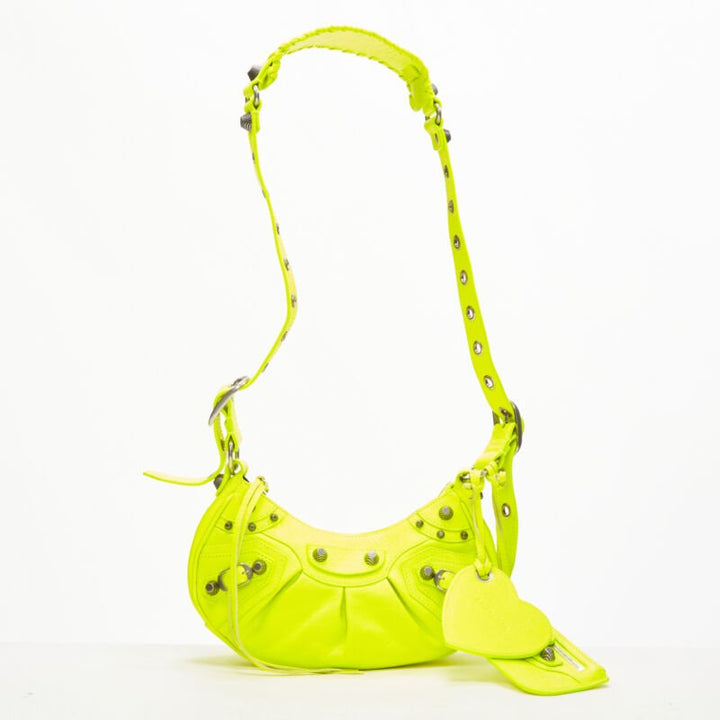 BALENCIAGA DEMNA LE Cagole XS neon yellow silver stud crossbody Motocross bag