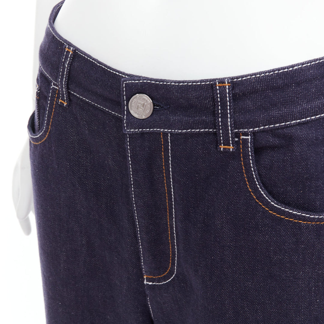 FENDI brown FF logo patch contrast stitch cropped wide leg jeans IT44 L