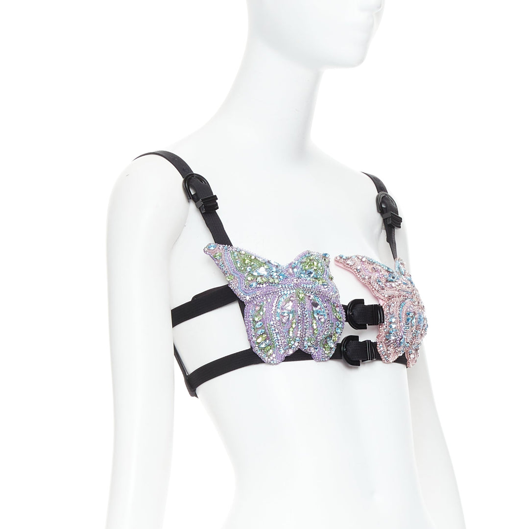 rare VERSACE Dua Lipa 2023 Vacanza Runway crystal butterfly bondage bra IT36 XXS