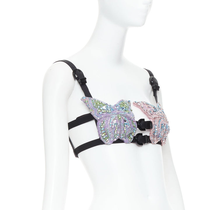 rare VERSACE Dua Lipa 2023 Vacanza Runway crystal butterfly bondage bra IT36 XXS