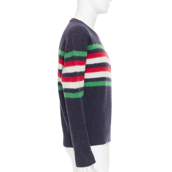 GUCCI navy green red striped embroidered logo crew sweater