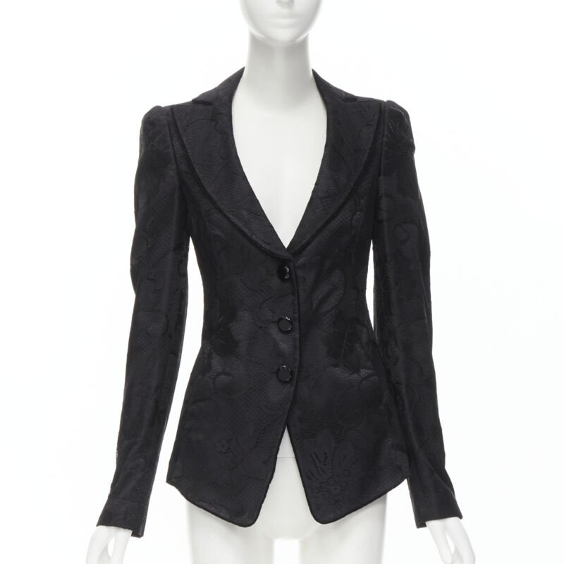EMPORIO ARMANI black lace jewel cut buttons fitted blazer IT40 S