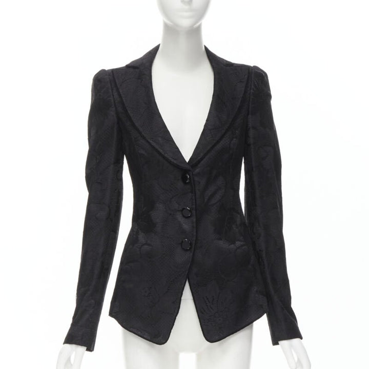 EMPORIO ARMANI black lace jewel cut buttons fitted blazer IT40 S