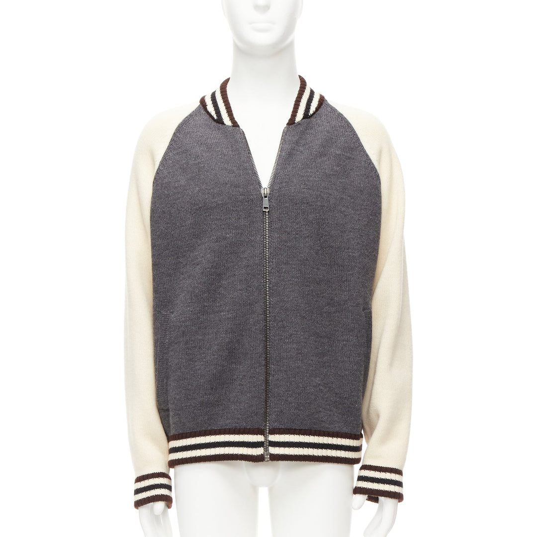 PRADA 2014 100% wool knit cream grey raglan varsity bomber jacket IT50 L