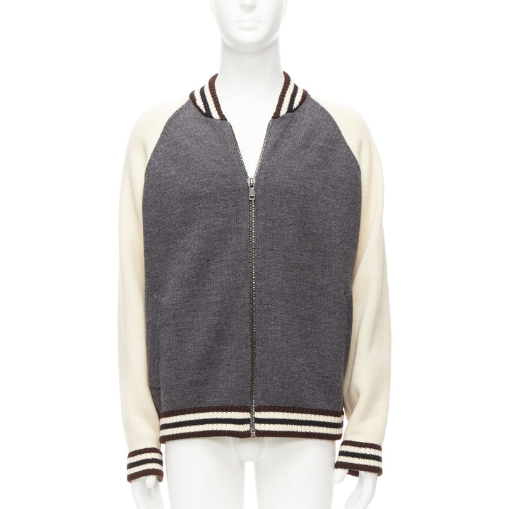 PRADA 2014 100% wool knit cream grey raglan varsity bomber jacket IT50 L