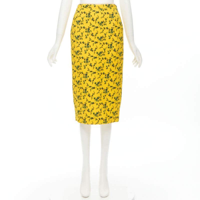 NO 21 yellow green leaf print contrast pink band pencil skirt IT38 XS