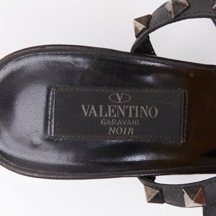 VALENTINO Rockstud Noir black horsehair silver studs pointy cage sandals EU37.5