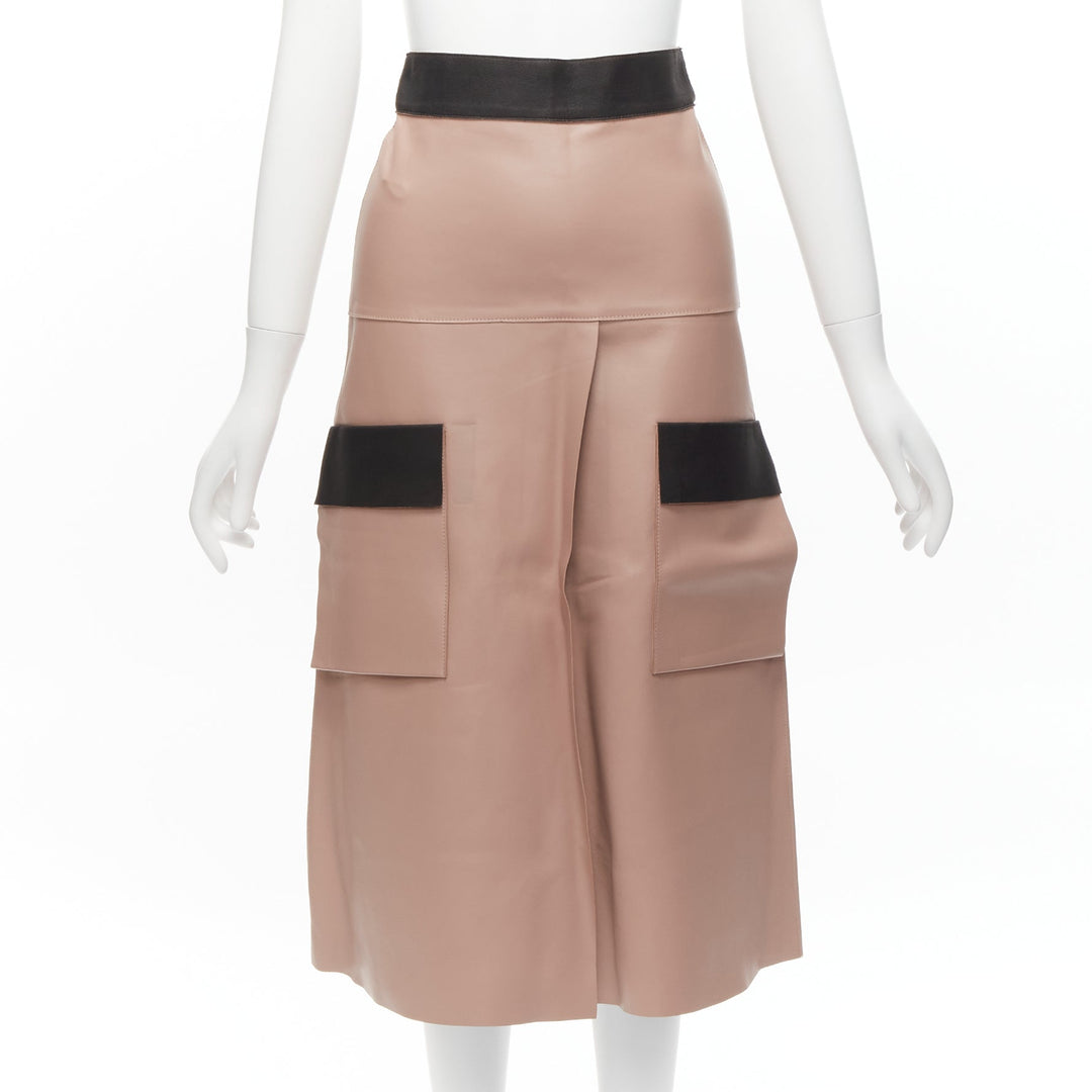 DION LEE Sandy pink brown sheep leather panelled A-line midi skirt UK6 XS